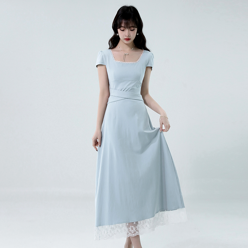 RY3644# 2026夏季新款法式方领蓝色气质连衣裙女蕾丝拼接设计感甜美长裙子