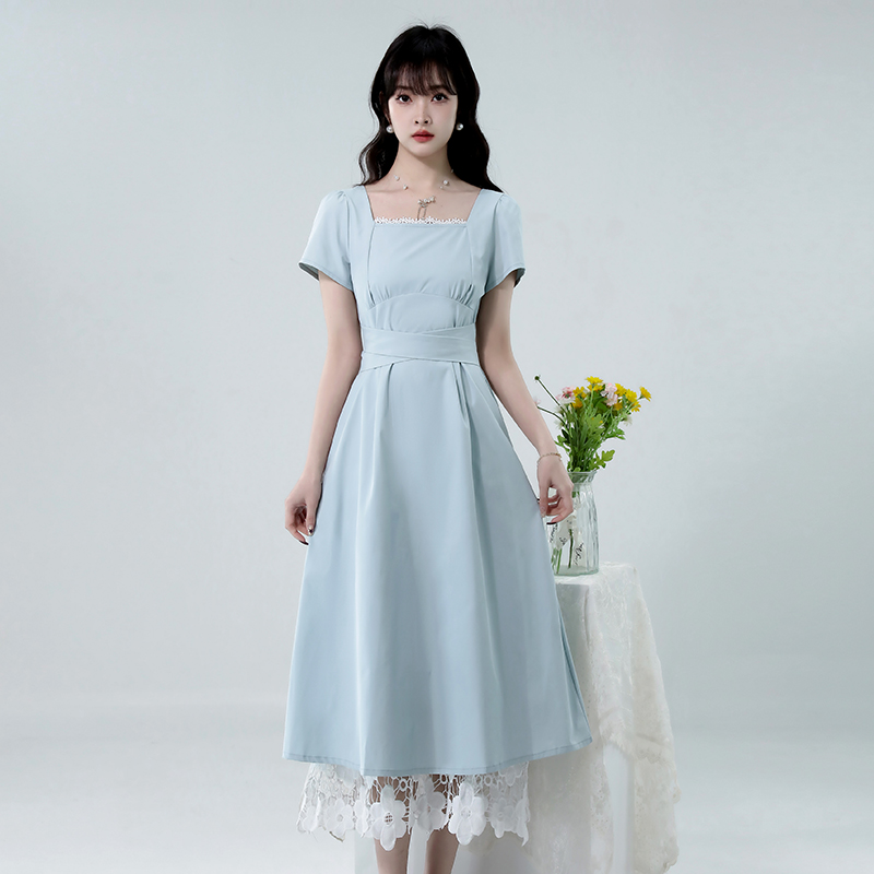 RY3639# 夏日海盐法式气质女夏季收腰拼接蕾丝连衣裙子