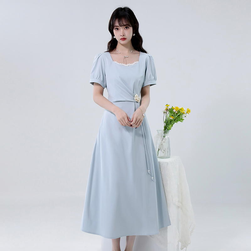 RY3638# 法式蓝色连衣裙女2026夏季新款收腰设计感长裙