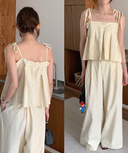 실사 부드러운 품격 캐주얼 투피스 세트 플리츠 캐미솔 작은 셔츠 스트레이트 롱 코트 와이드 레그 팬츠