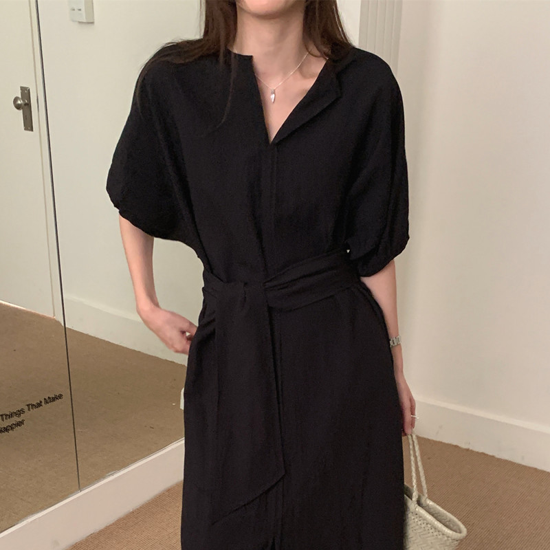 실사 작은 대중 레트로 미니멀리즘 품격 V넥 트임 허리 수축 스트랩 롱 코트 루즈핏 반팔 드레스