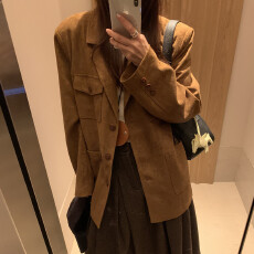 批发实拍 美拉德色系 翻领单排扣宽松多口袋西装 鹿皮绒长袖外套 2色