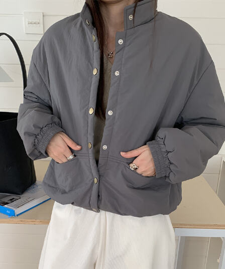 실사 한 부서 다용도 루즈핏 슬림해 보이는 스탠드 칼라 싱글 줄 버튼 보온 면 의류 쇼트 스타일 작은 키 빵 외투