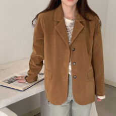 批发实拍 复古小众 翻领单排扣<b class='q'>长袖</b>宽松鹿皮绒西装休闲外套西服夹克