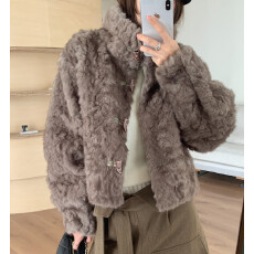 批发实拍 小众复古 立领牛角扣毛茸茸保暖外套仿皮草<b class='q'>短款</b>上衣 2色