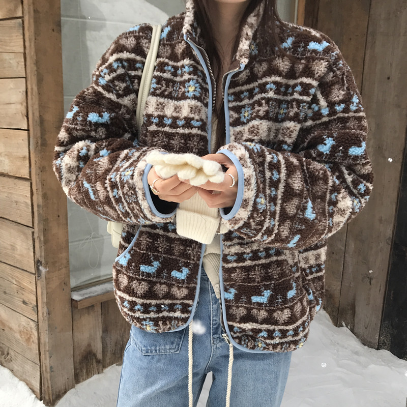 实拍 复古费尔岛撞色小鹿提花翻领拉链羊羔毛短款夹棉外套棉服