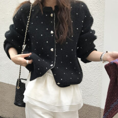 实拍 复古慵懒 撞色爱心提花圆领单排软糯毛衣加厚保暖针织开衫