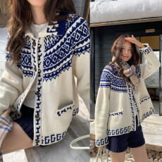 实拍 温柔气质 费尔岛毛衣撞色提花翻领单排扣长袖针织衫慵懒外套