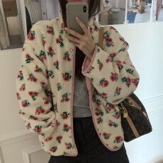 批发实拍 <b class='q'>甜美</b>温柔 撞色花朵羊羔毛外套摇粒绒两面穿加厚保暖棉服棉衣