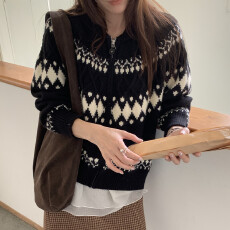 批发实拍 法式复古 撞色提花翻领拉链加厚毛衣宽松<b class='q'>针织</b>衫<b class='q'>开衫</b>外套