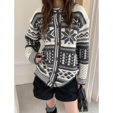 批发实拍 费尔岛中古风毛衣 撞色提花雪花圆领单排扣<b class='q'>针织</b><b class='q'>开衫</b>外套