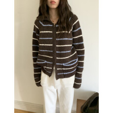 批发实拍 小众复古 翻领拼色加厚毛衣宽松针织衫开衫外套上衣