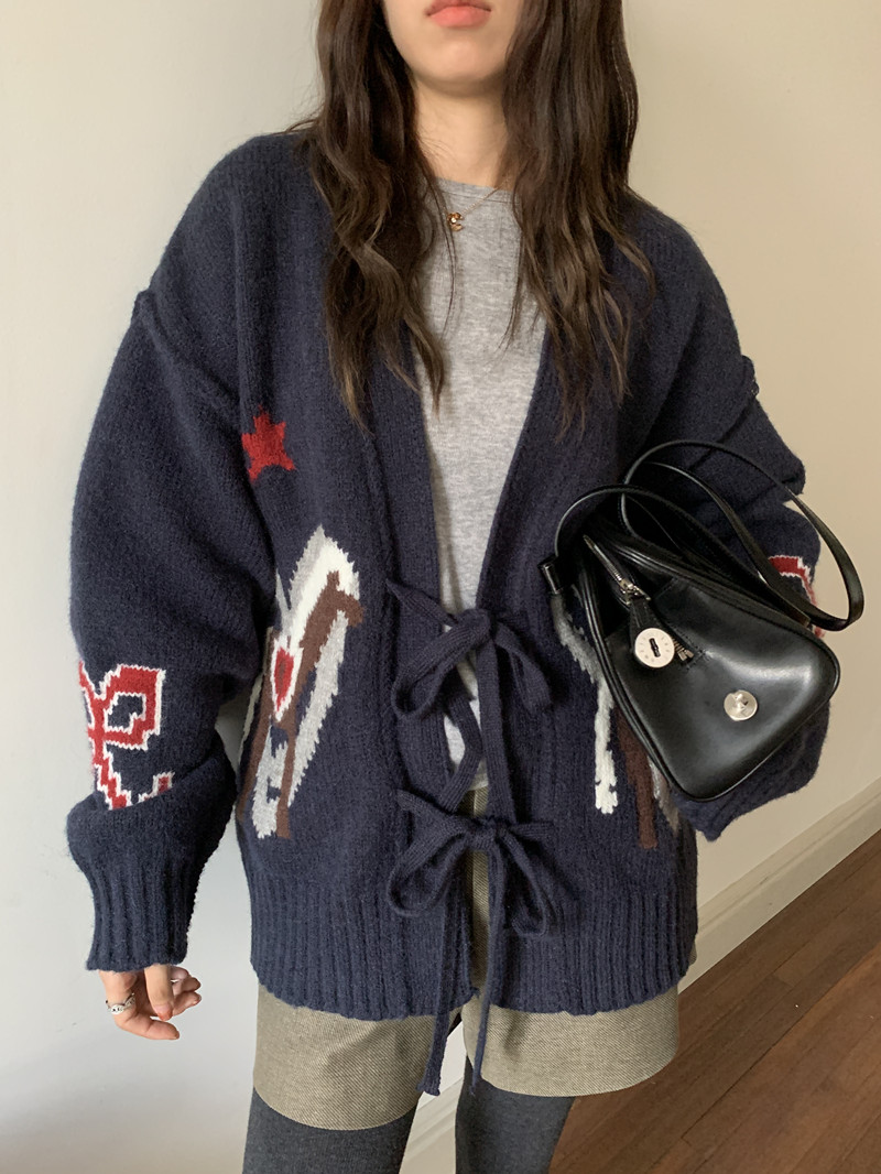 实拍 法式复古 撞色提花开衫式外套系带软糯加厚毛衣针织衫 3色