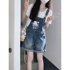 批发夏日新款学院风童趣kt猫复古牛仔背带短裤韩系女