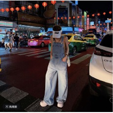 批发新款宽松牛仔<b class='q'>背带</b>裤休闲印花烫钻百搭福蝶结气质连体裤