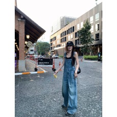 批发小君君布兰妮【3/12新】百搭蓝牛/自留水洗<b class='q'>牛仔</b>背带长裤女