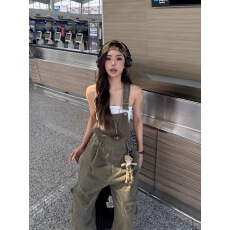 批发BINXLAN美式复古工装牛仔<b class='q'>背带裤</b><b class='q'>女</b>宽松连体裤<b class='q'>女</b>休闲阔腿<b class='q'>裤</b>