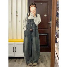 批发新款复古做旧牛仔背带裤<b class='q'>女</b>小个子阔腿<b class='q'>连体裤</b><b class='q'>休闲</b>