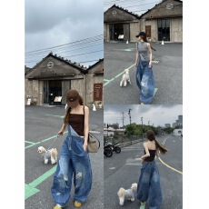 批发 东大门新款时尚百搭宽松显瘦设计感破洞背带裤休闲牛仔裤女