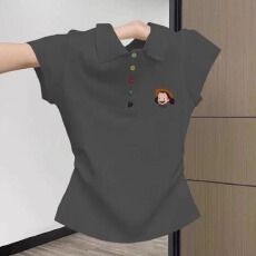 批发欧货POLO领短袖T恤女夏季新款彩色纽扣褶皱收腰褶皱修身<b class='q'>气质</b>上衣