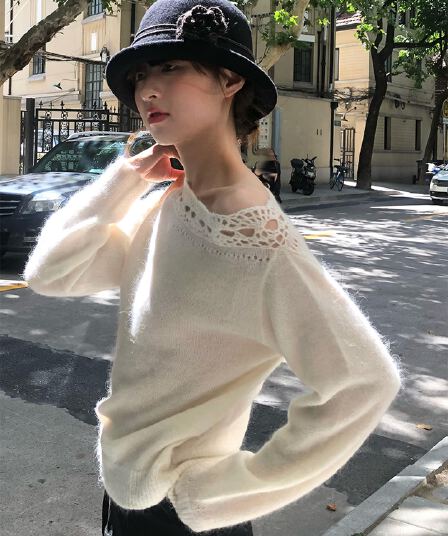 프랑스식 느긋한 스웨터 홀로우 아웃 레이스 비스듬한 어깨 칼라 니트 스웨터 여성 가을 루즈핏 슬림해 보이는 다용도 맨위