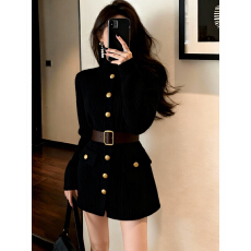 批发法式江浙沪千金穿搭黑色高领毛衣气质款显瘦连衣裙女2025新款秋冬