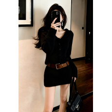 批发法式黑色V领针织包臀连衣裙子女2025新款初<b class='q'>冬</b>高级感收腰毛衣短裙