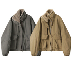 批发复古工装长袖羊羔毛外套女冬季加绒加厚棉服上衣小个子