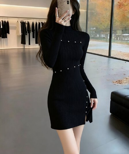 가을 겨울 감기 부유 한 가족 천 골드 품격 여신 팬 빛 럭셔리 고급 센스 관대 한 점잖은 작은 샤넬 스타일 검정색 드레스