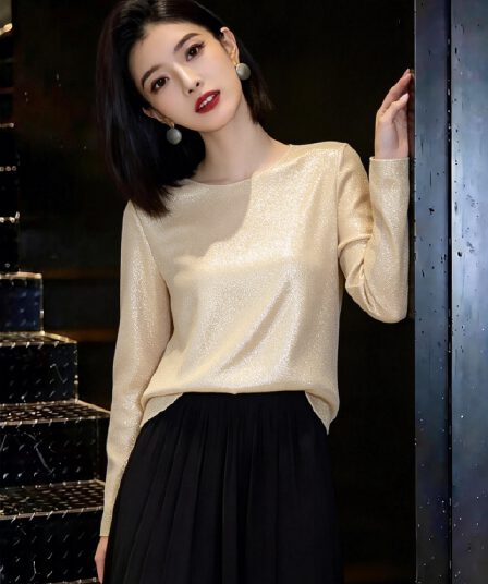 24k 금사 럭셔리 부츠컷 긴팔 뽕나무 누에 실크 라운드 넥 셔츠 여성 품격 미니멀리즘 루즈핏 다용도 실크 맨위