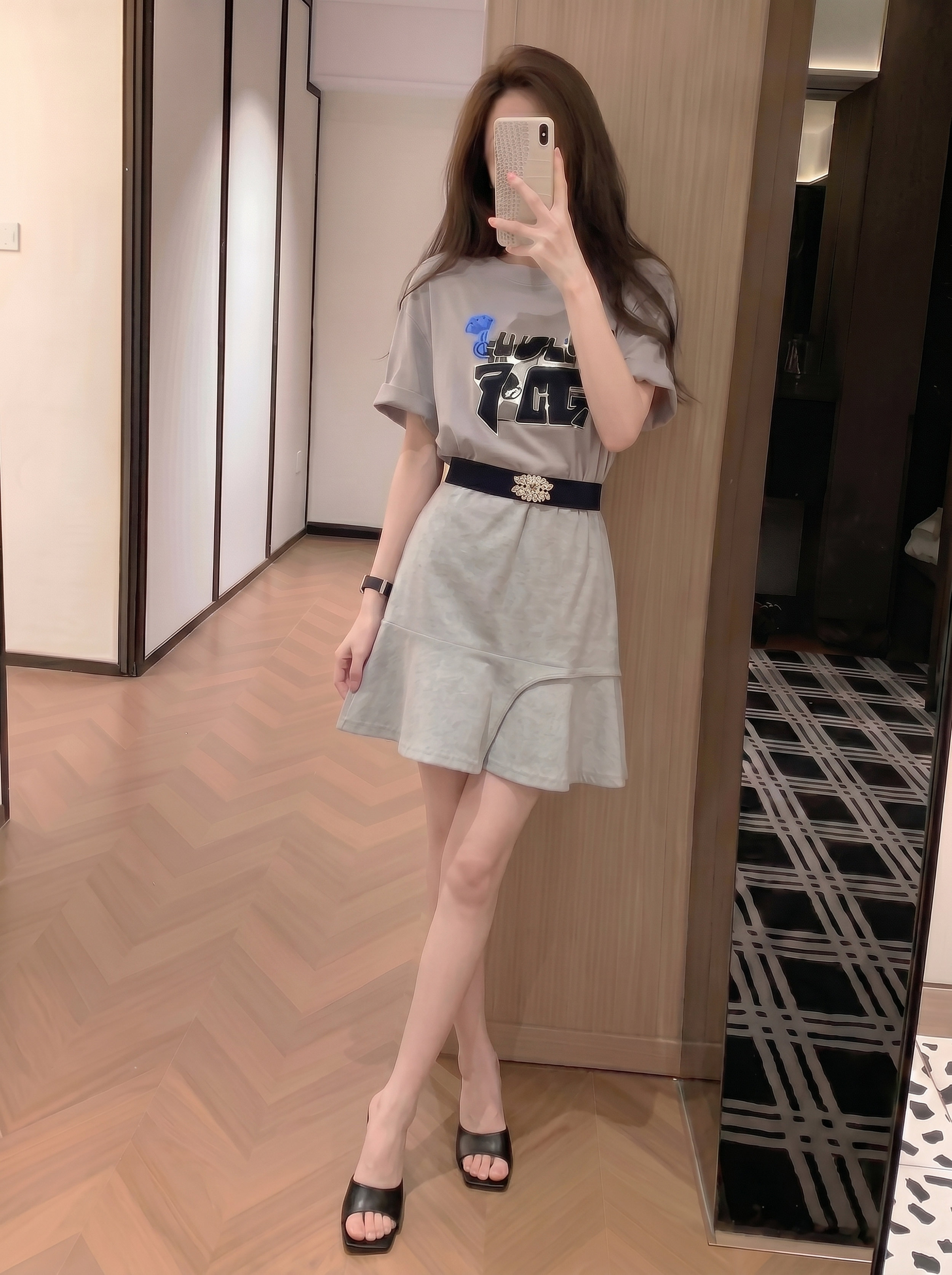 실사 한 부서 세트 여성 여름 루즈핏 프린트 반팔 허리 수축 슬림해 보이는 불규칙 인어 꼬리 t 셔츠 치마