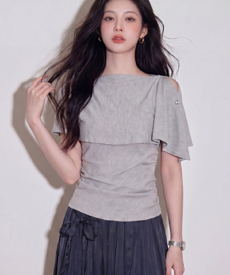 디자인 센스 비스듬한 어깨 반팔 맨위 여성 여름 허리 수축 망토 스타일 캐주얼 작은 셔츠 다용도 슬림해 보이는 사선 무늬 조끼 티셔츠
