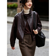 批发甜酷松弛感PU皮衣女秋季黑色哑光立领双排扣复古短外套