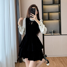 批发实拍2025赫本风黑色丝绒假两件<b class='q'>连衣裙</b>女秋冬季气质韩系蓬蓬蛋糕裙