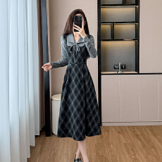 批发实拍2025春季新款复古格子连衣裙女收腰假两件长裙 轻奢长袖裙子