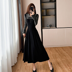 批发实拍2025秋季新款<b class='q'>复古</b>织绒连衣裙女收腰假两件配大衣轻奢长袖裙子