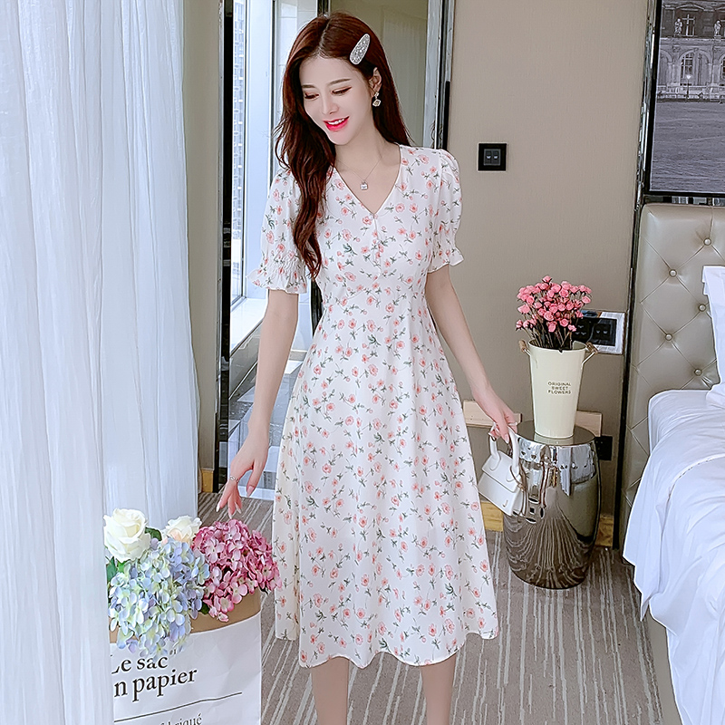 RY2234# 法式碎花裙雪纺茶歇长裙高级感连衣裙碎花收腰洋气短袖连衣裙