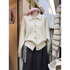 批发翻领仿羊羔毛绒颗粒绒<b class='q'>短款</b><b class='q'>针织</b>毛衣<b class='q'>开衫</b>外套女2025新款设计感上衣