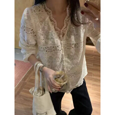 批发欧洲站2026春季新款温柔镂空刺绣V领<b class='q'>蕾丝</b>杏色<b class='q'>衬衫</b>时尚洋气上衣女