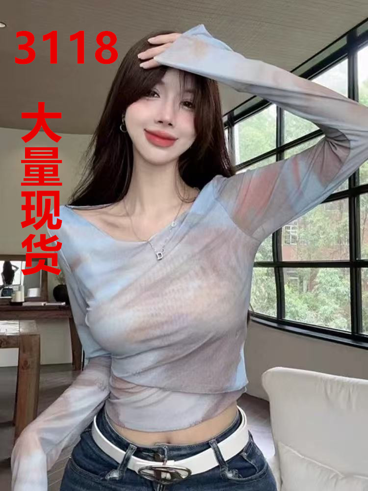홀치기 염색 망사 자외선 차단 기본 셔츠 십자가 u 칼라 불규칙 긴팔 티셔츠 여성 여름 쇼트 스타일 고유 한 Chic 맨위