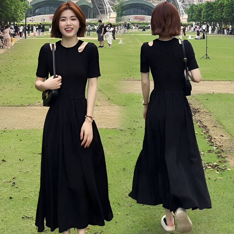 FA34883# 法式开叉连衣裙新款赫本风显瘦露肩度假高级感黑色长裙 服裝批發女裝批發服飾貨源