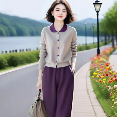 批发官图 时尚<b class='q'>休闲</b>套装2025春秋款气质撞色翻领针织开衫阔腿裤两件套