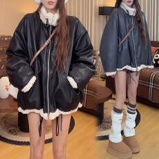 批发官图 美式复古毛毛立领皮衣外套2025冬季新款加厚保暖夹克短上衣