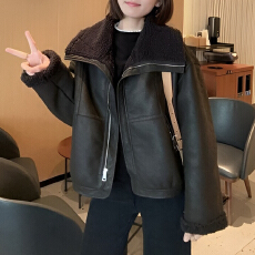 批发官图 美式复古翻领加厚皮衣2025冬季新款时尚撞色机车皮夹克外套