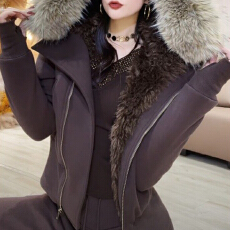 批发官图 2025冬季新款加绒厚毛毛大翻领拉链外套高腰阔腿裤休闲套装