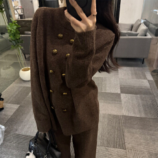 批发官图 休闲套装秋<b class='q'>冬</b>季穿搭巨好看咖色长袖针织衫毛衣阔腿裤两件套