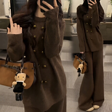 批发官图 复古时髦慵懒双排扣厚毛衣针织衫<b class='q'>冬</b>季新款高腰拖地裤两件套