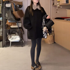 批发官图 时尚简约撞色毛领呢子外套2025秋冬新款高贵气质中长款大衣