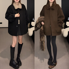 批发官图 复古简约毛毛翻领黑色外套冬季新款高级感宽松百搭休闲上衣