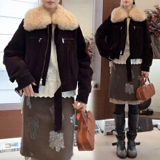 批发官图 韩版复古大毛领<b class='q'>夹克</b>上衣2025冬季新款短款宽松保暖加厚外套